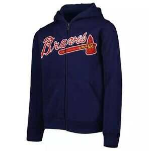 Majestic Youth MLB Navy & Red Atlanta Braves Baseball Full Zip Hoodie - L